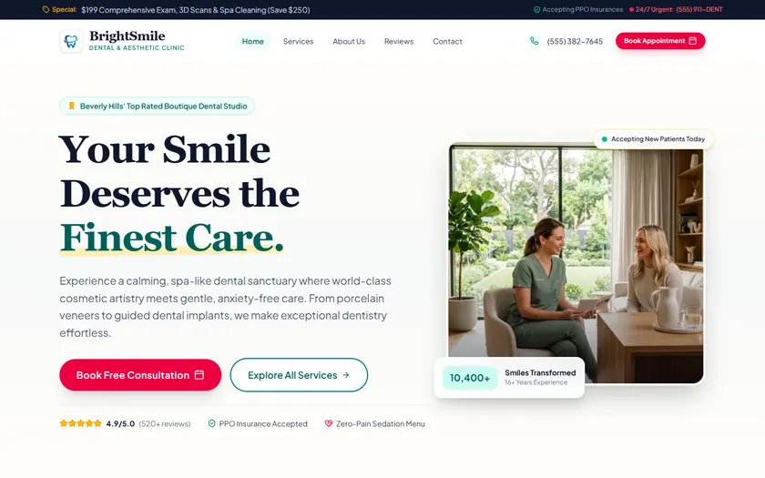 Dental Clinic Website demo — homepage of the fictional BrightSmile Dental brand