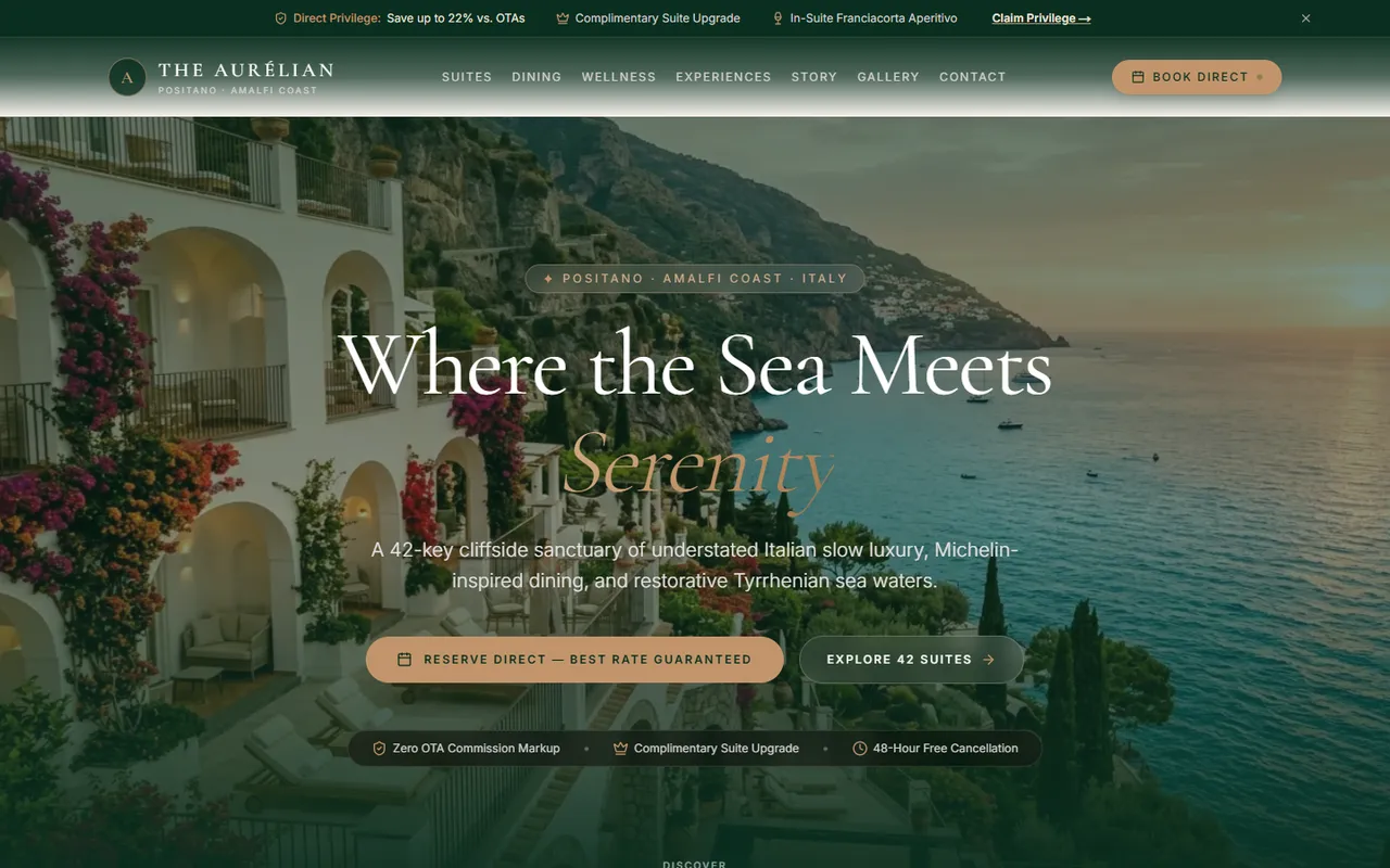 Boutique Hotel Website demo — homepage of the fictional The Aurélian brand
