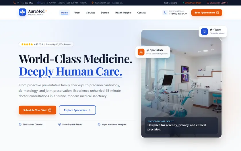 Medical Clinic Website demo — homepage of the fictional AuraMed brand