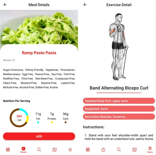 FitSync mobile app screens for workouts and nutrition tracking