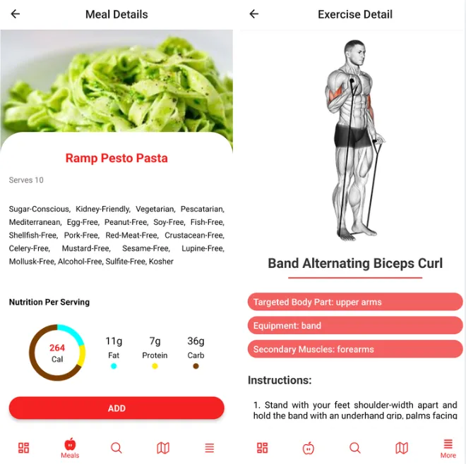 FitSync mobile app screens for workouts and nutrition tracking