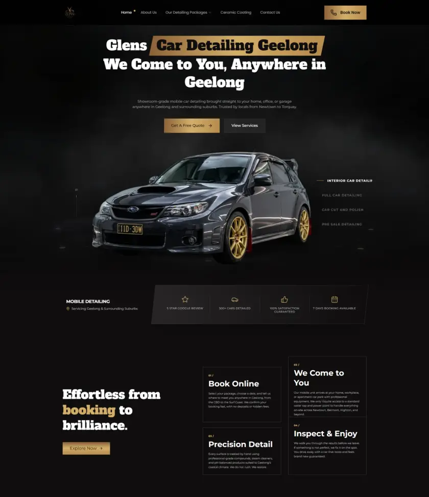 Local car detailing service website with pricing packages and booking form