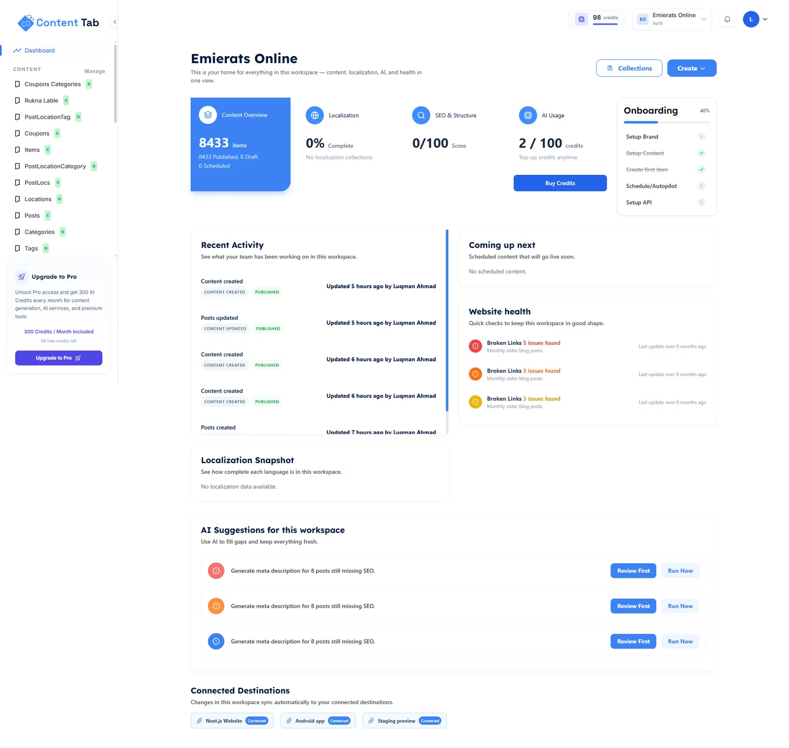 ContentTab – Headless CMS Platform with AI Pipeline — results screen